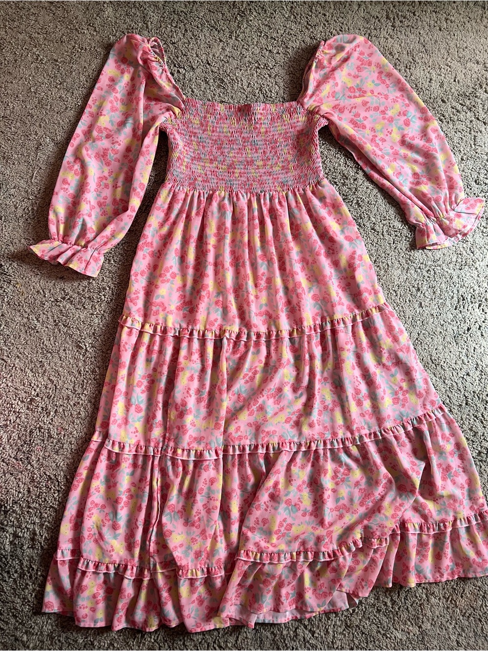 R.YIPOSHA floral midi dress smocked bodice and tiered ruffle skirt Sz L